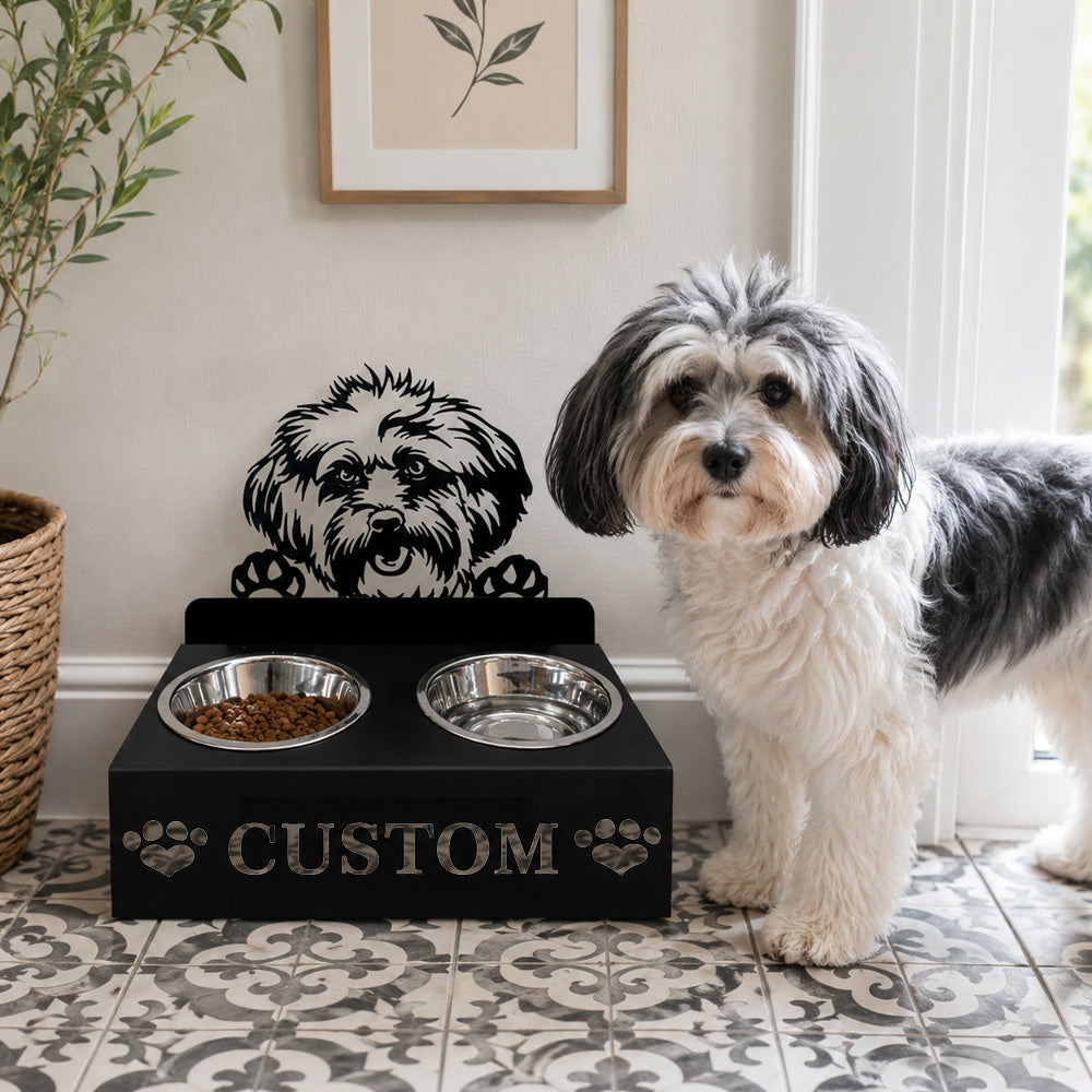 Personalized lhasa apso metal dog bowl stand with custom name cutout and two removable feeding bowls