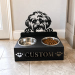 Personalized lhasa apso metal dog bowl stand with custom name cutout and two removable feeding bowls