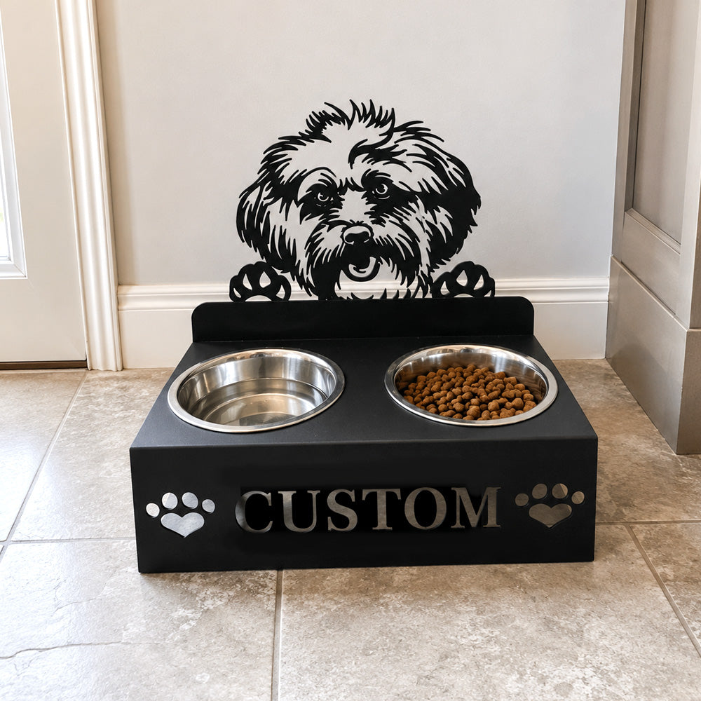 Personalized lhasa apso metal dog bowl stand with custom name cutout and two removable feeding bowls