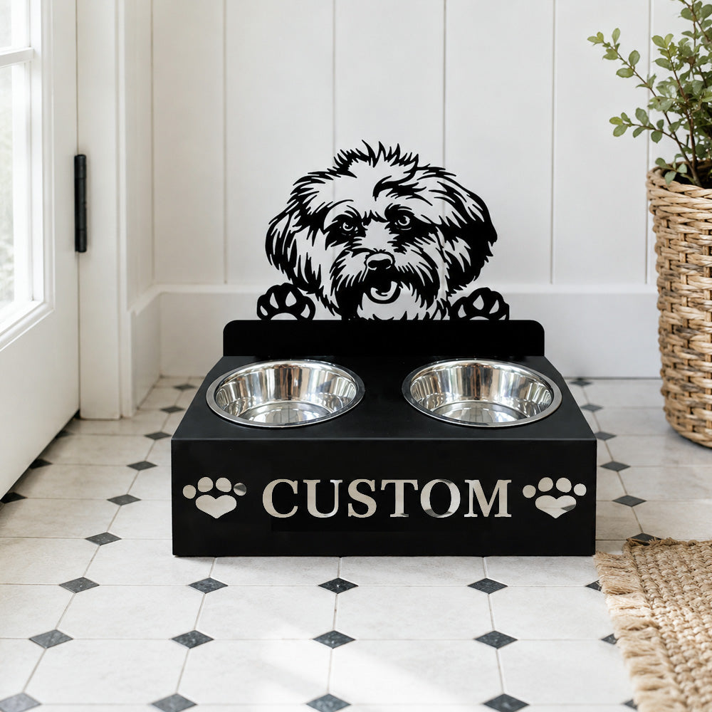 Personalized lhasa apso metal dog bowl stand with custom name cutout and two removable feeding bowls