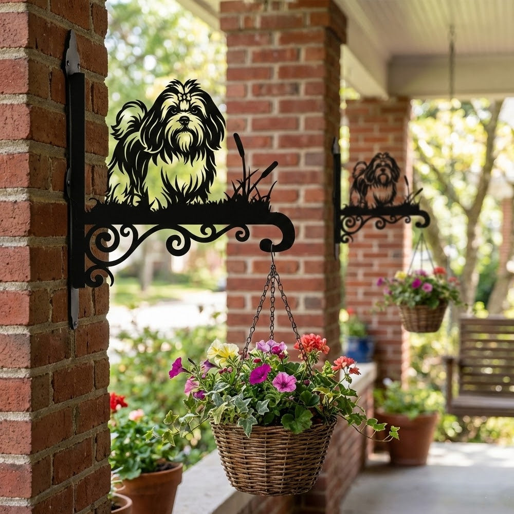 Lhasa apso metal hanging basket bracket mounted on outdoor wall for plant decoration