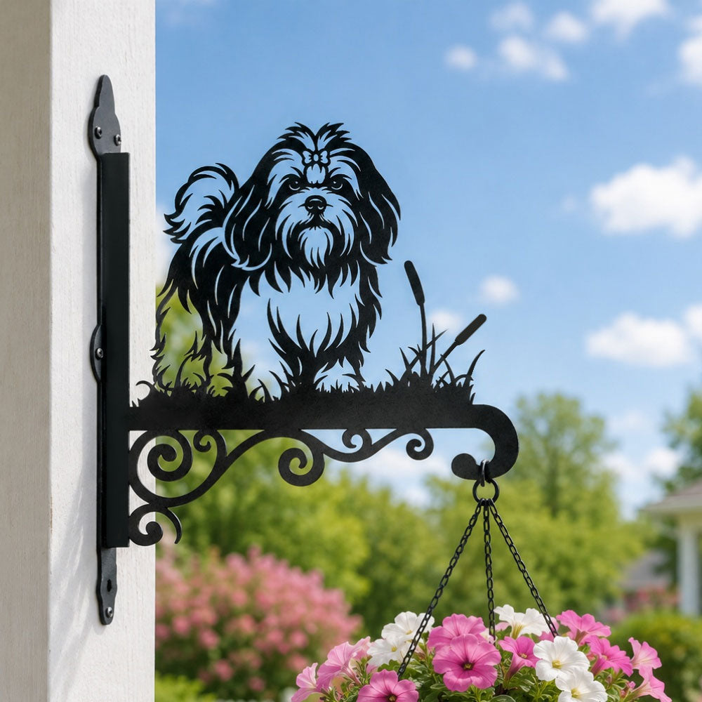 Lhasa apso metal hanging basket bracket mounted on outdoor wall for plant decoration