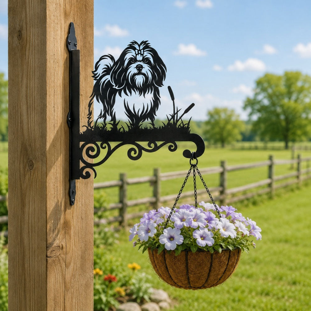 Lhasa apso metal hanging basket bracket mounted on outdoor wall for plant decoration