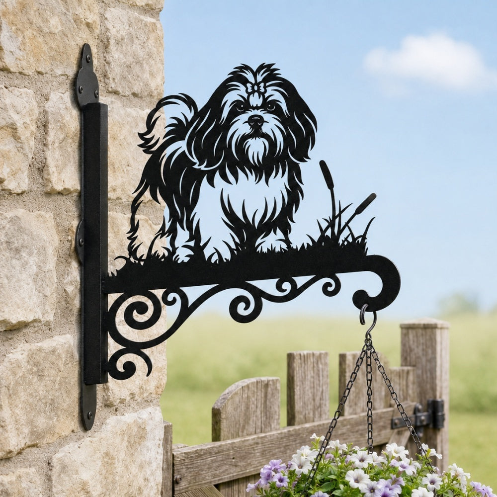 Lhasa apso metal hanging basket bracket mounted on outdoor wall for plant decoration