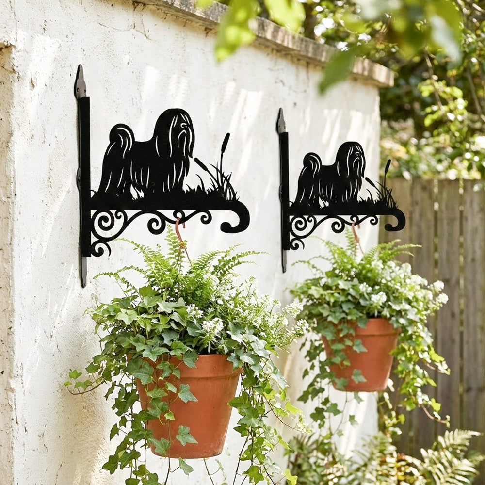 Lhasa apso metal hanging basket bracket mounted on outdoor wall for plant decoration