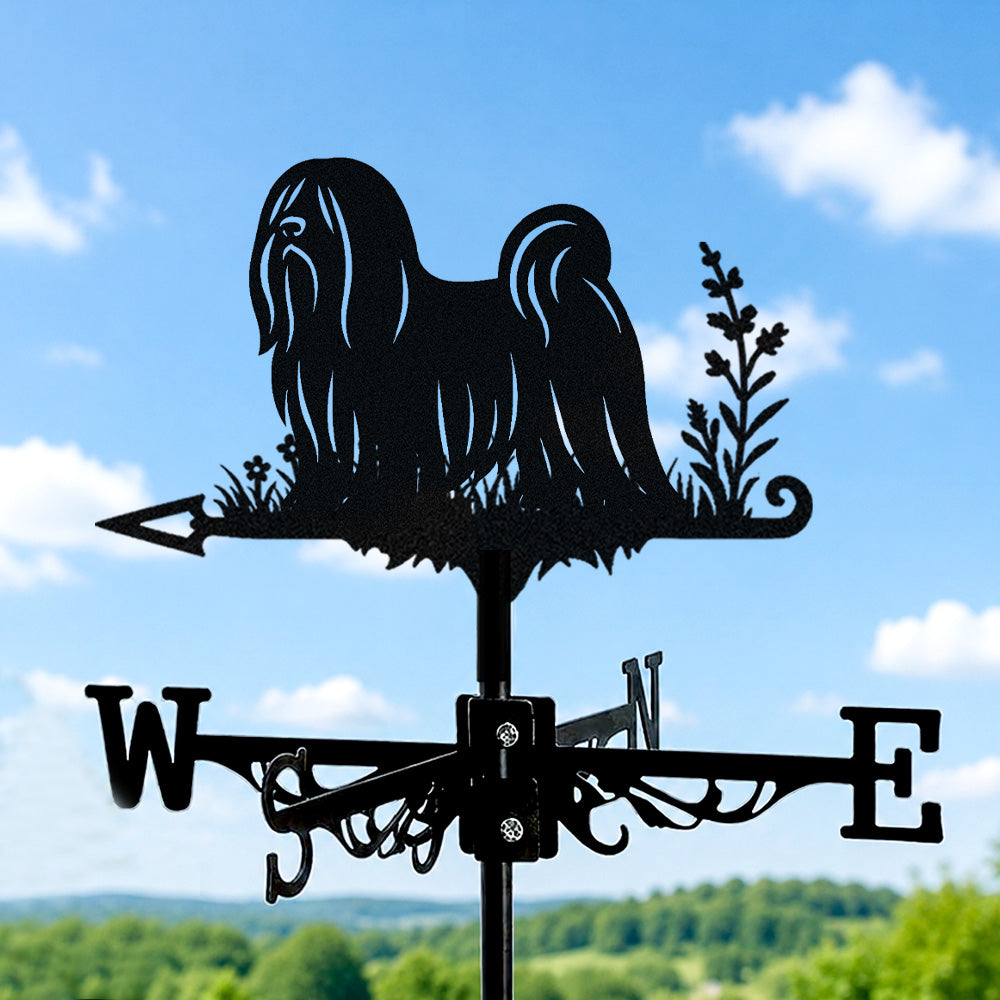 Lhasa apso metal weather vane with directional arrows and mounting rod, outdoor roof and garden decoration