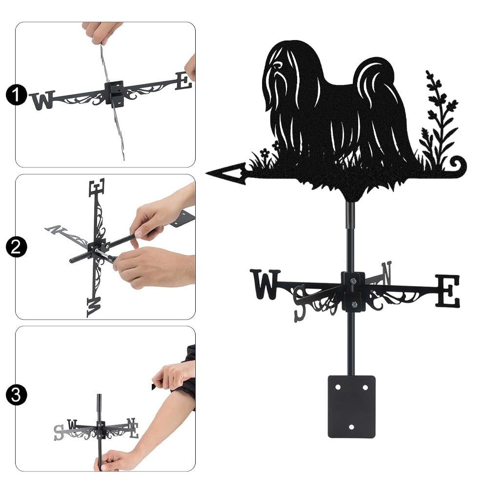 Lhasa apso metal weather vane with directional arrows and mounting rod, outdoor roof and garden decoration