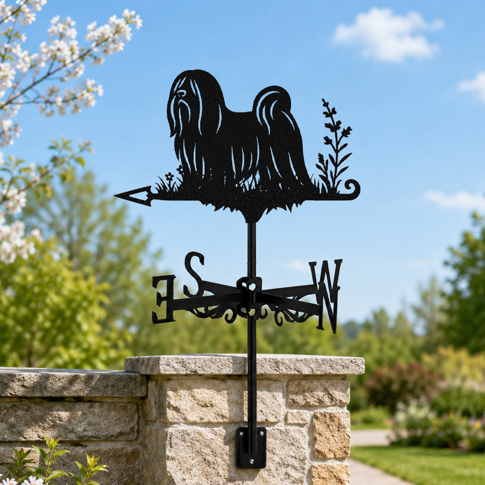 Lhasa apso metal weather vane with directional arrows and mounting rod, outdoor roof and garden decoration