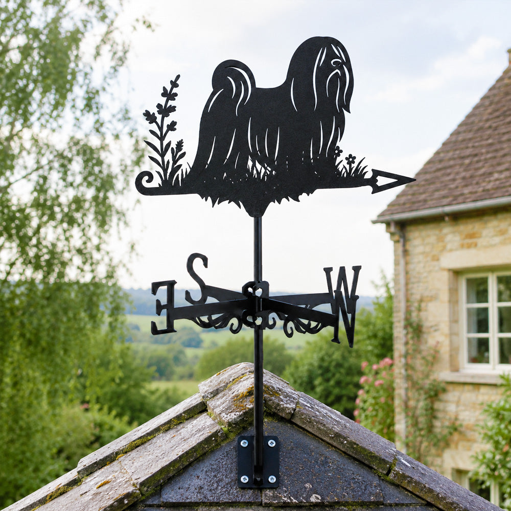 Lhasa apso metal weather vane with directional arrows and mounting rod, outdoor roof and garden decoration