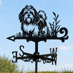 Lhasa apso metal weather vane with directional arrows and mounting rod, outdoor roof and garden decoration