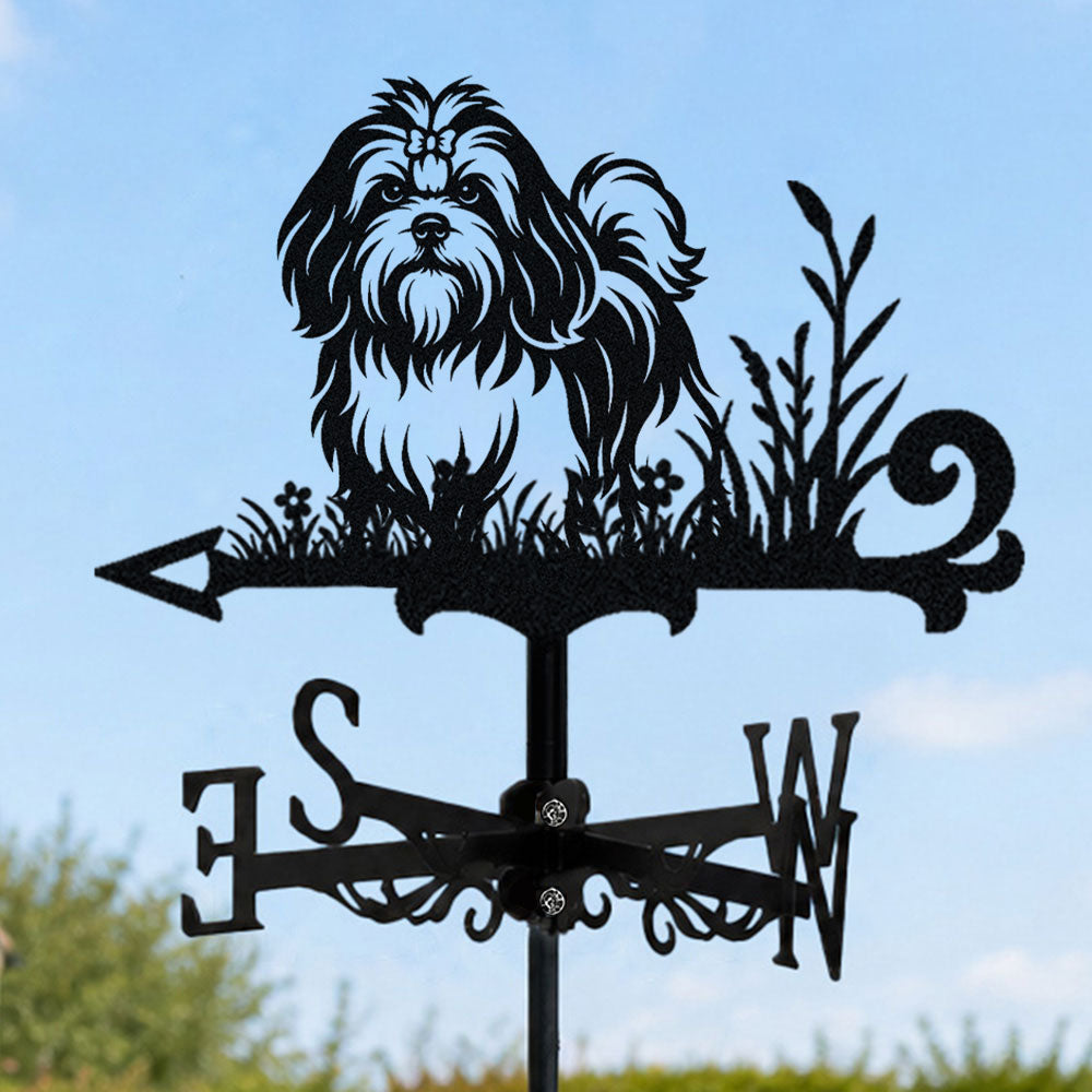 Lhasa apso metal weather vane with directional arrows and mounting rod, outdoor roof and garden decoration