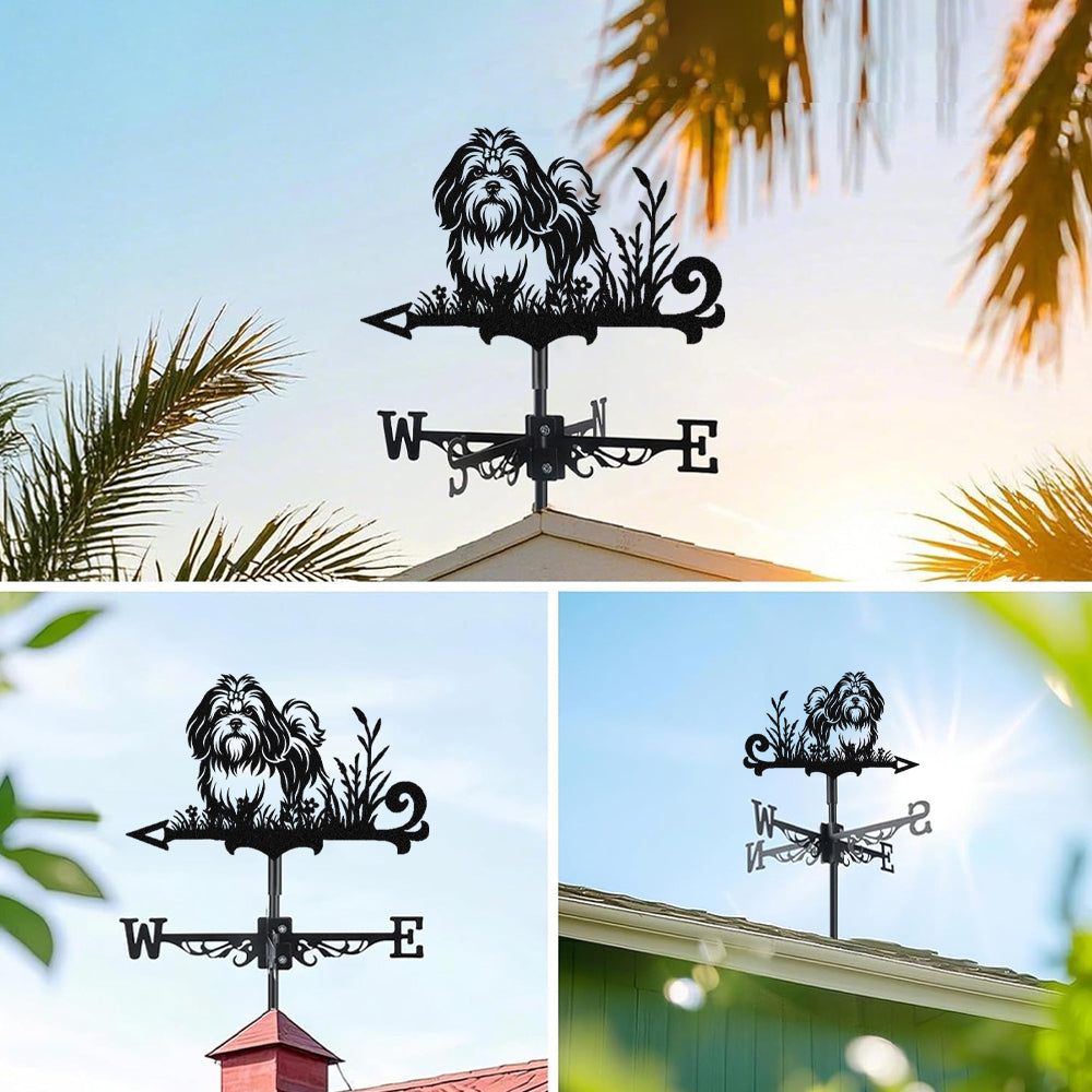 Lhasa apso metal weather vane with directional arrows and mounting rod, outdoor roof and garden decoration