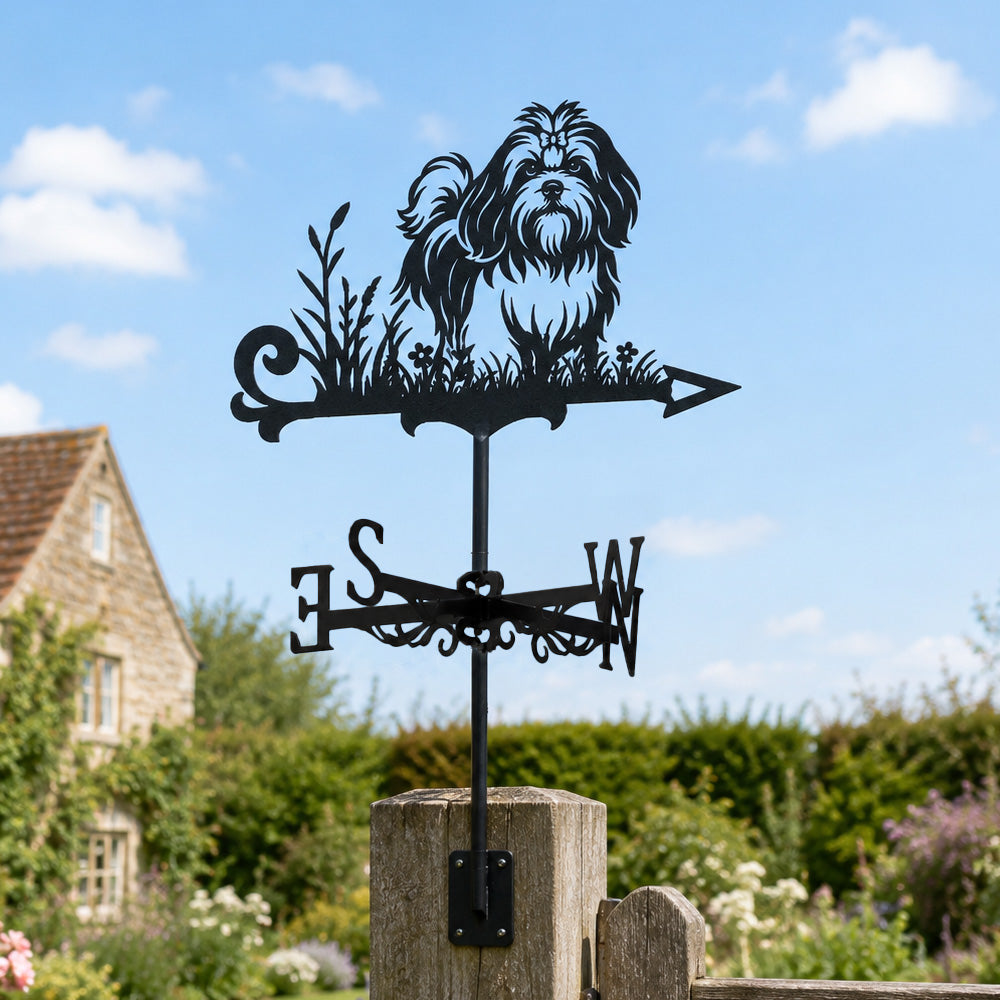 Lhasa apso metal weather vane with directional arrows and mounting rod, outdoor roof and garden decoration
