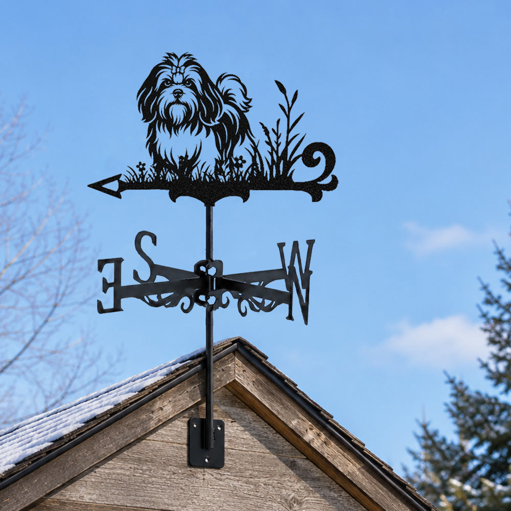 Lhasa apso metal weather vane with directional arrows and mounting rod, outdoor roof and garden decoration