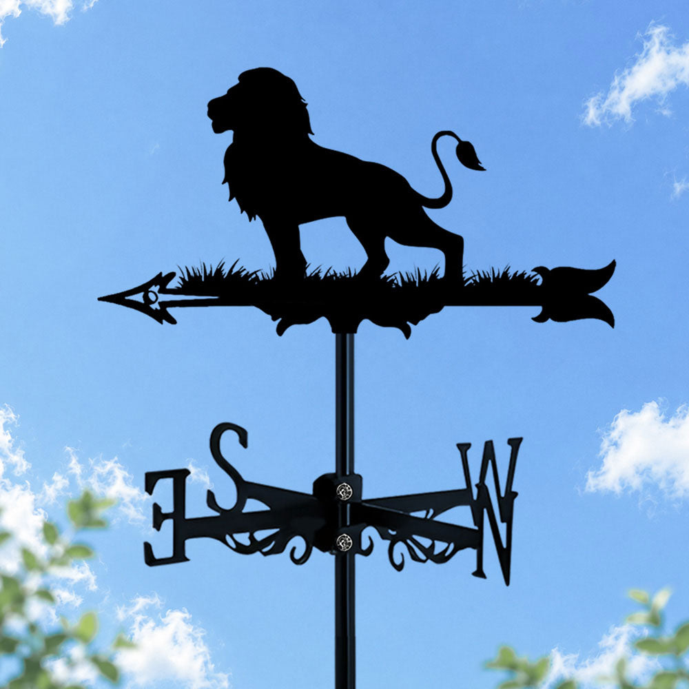 Lion metal weather vane with directional arrows and mounting rod, outdoor roof and garden decoration