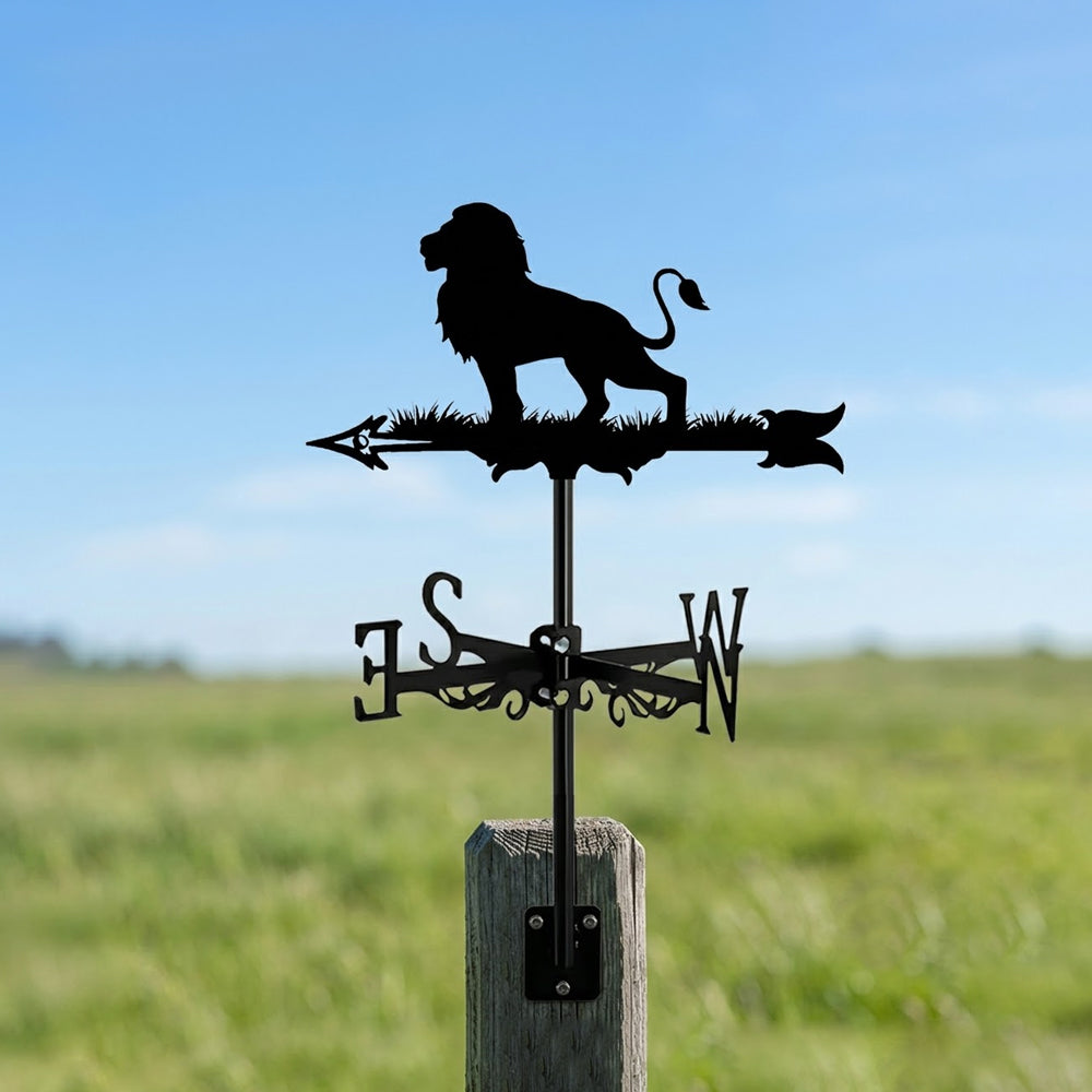 Lion metal weather vane with directional arrows and mounting rod, outdoor roof and garden decoration