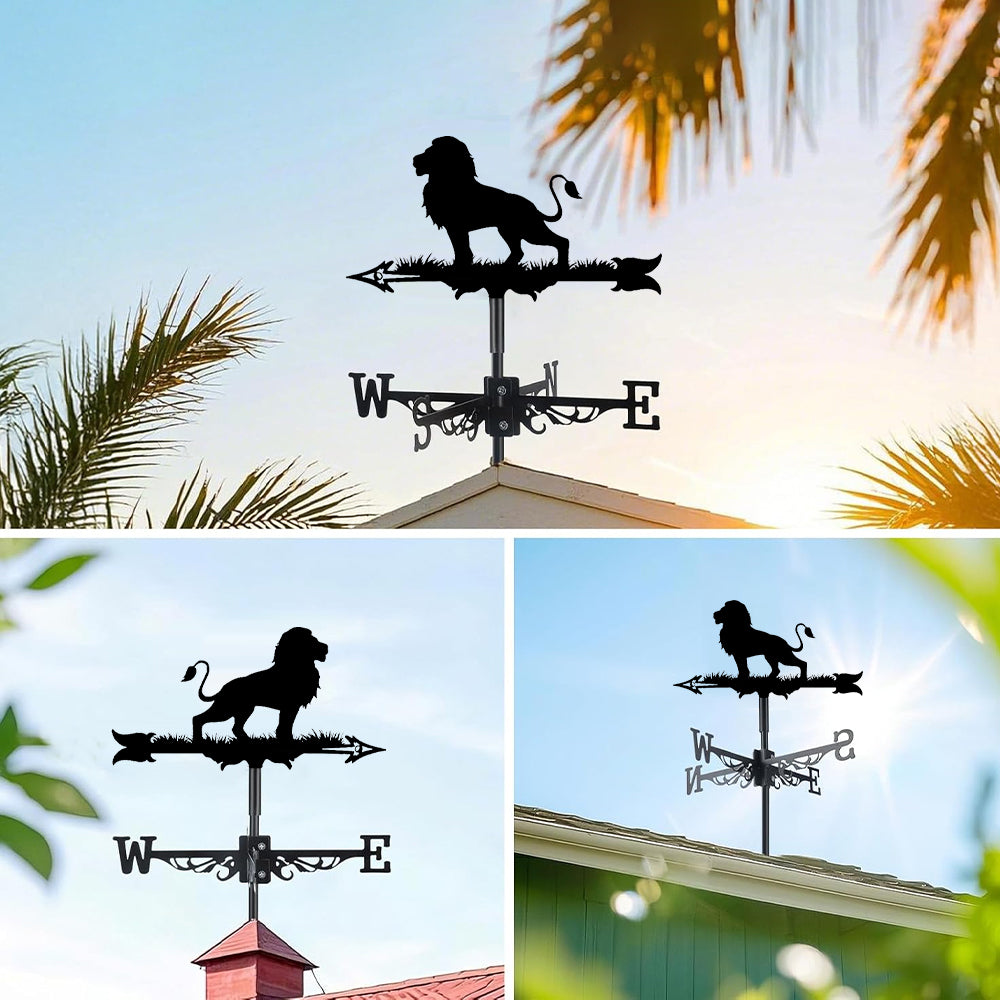 Lion metal weather vane with directional arrows and mounting rod, outdoor roof and garden decoration