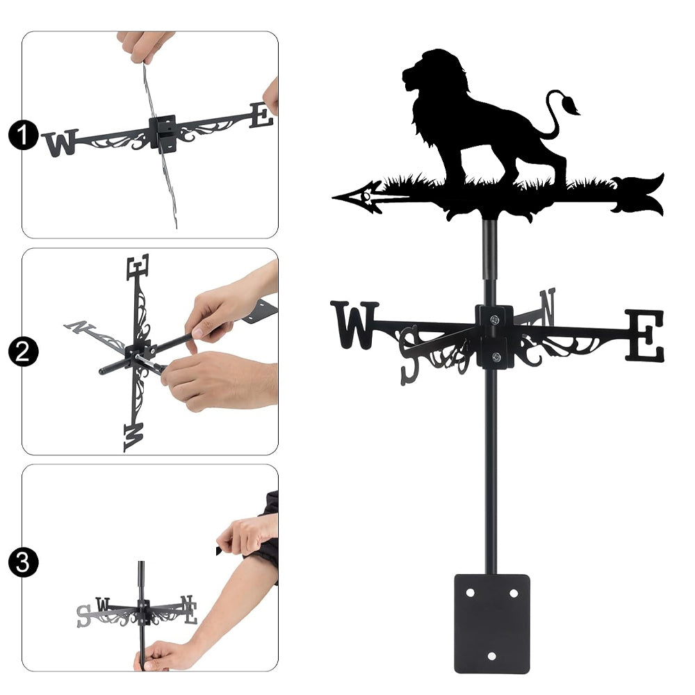 Lion metal weather vane with directional arrows and mounting rod, outdoor roof and garden decoration