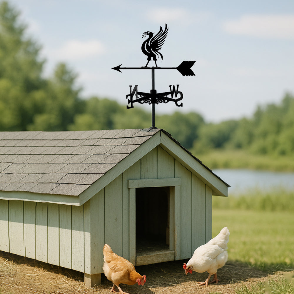 Liver bird metal weather vane with directional arrows and mounting rod, outdoor roof and garden decoration