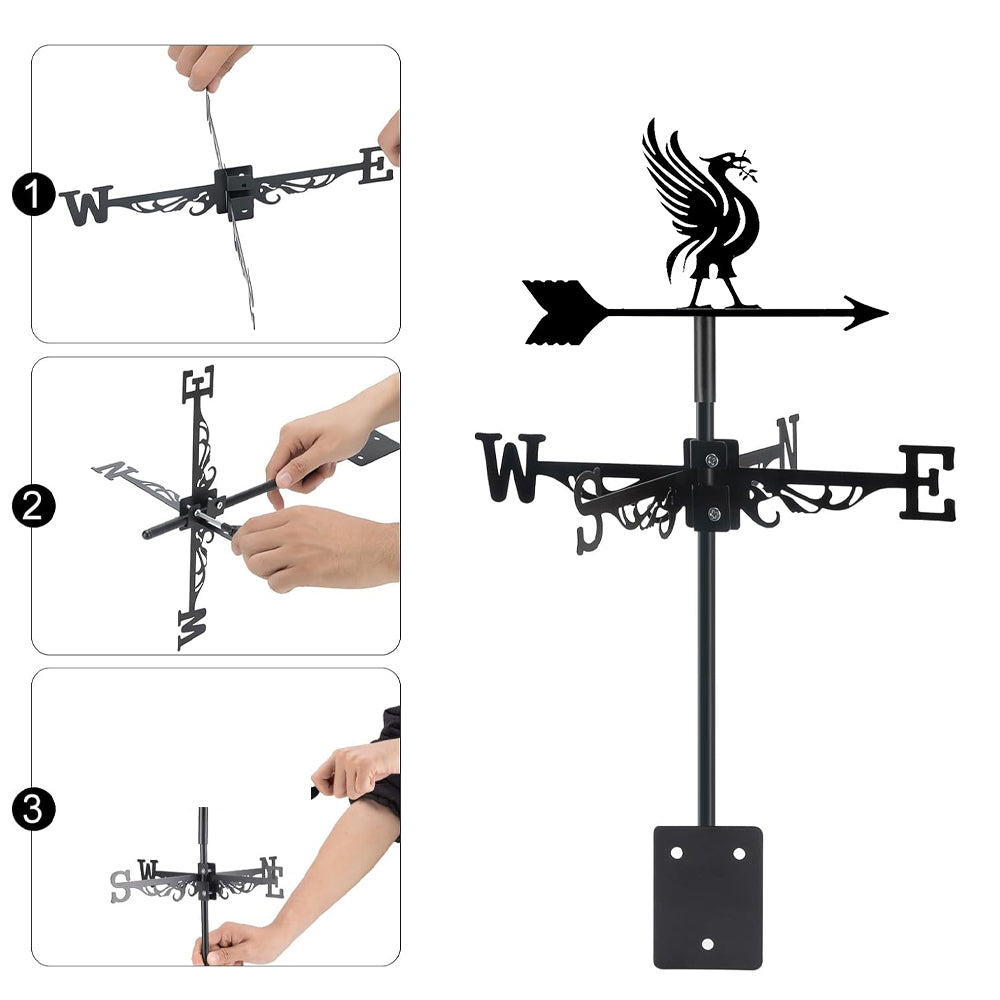 Liver bird metal weather vane with directional arrows and mounting rod, outdoor roof and garden decoration