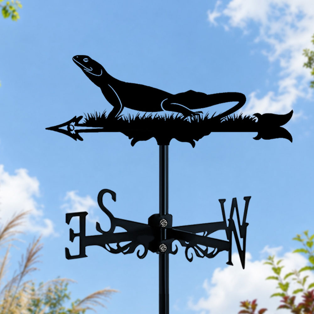 Lizard metal weather vane with directional arrows and mounting rod, outdoor roof and garden decoration