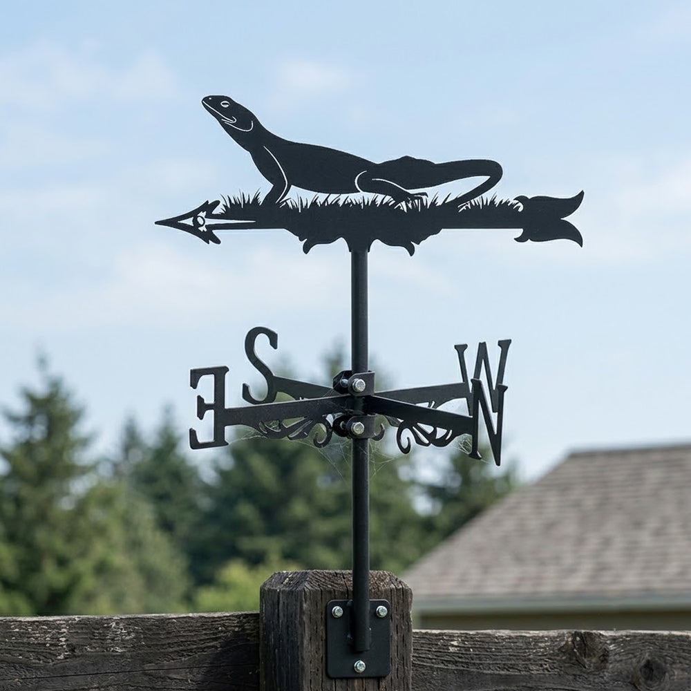 Lizard metal weather vane with directional arrows and mounting rod, outdoor roof and garden decoration