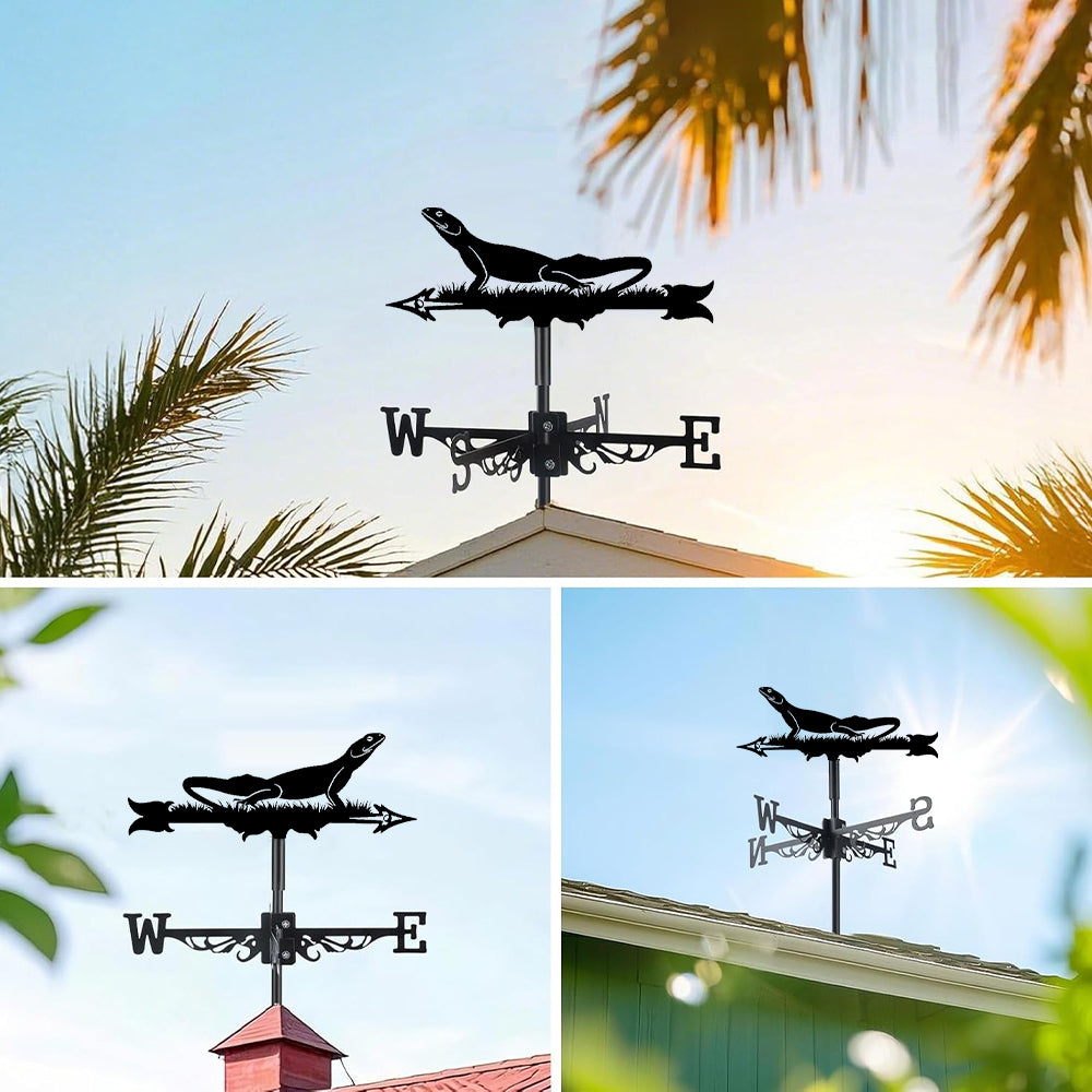 Lizard metal weather vane with directional arrows and mounting rod, outdoor roof and garden decoration