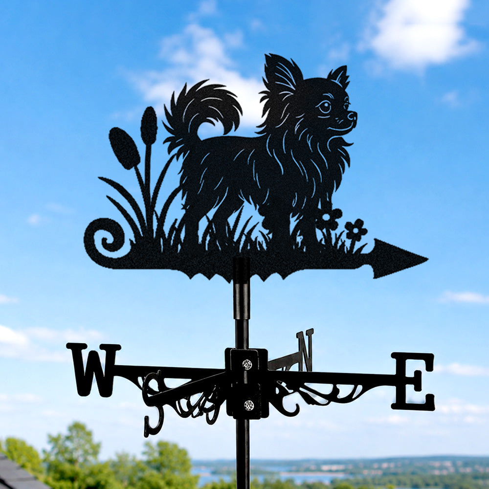 Long Haired Chihuahua metal weather vane with directional arrows and mounting rod, outdoor roof and garden decoration