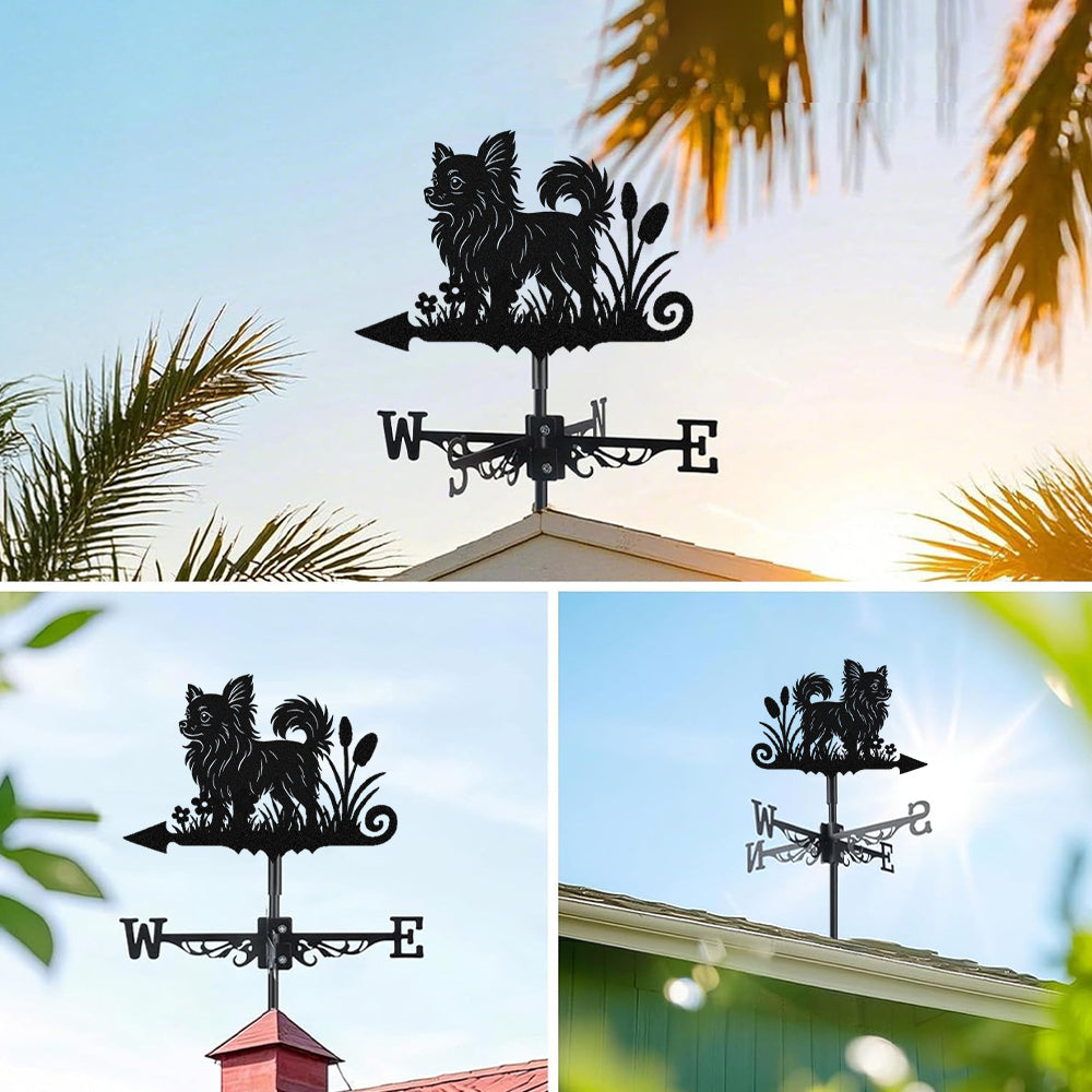 Long Haired Chihuahua metal weather vane with directional arrows and mounting rod, outdoor roof and garden decoration