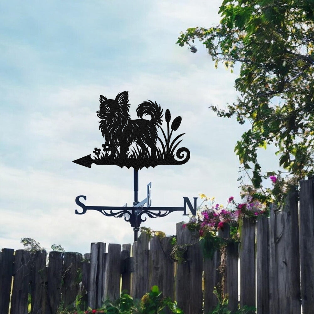 Long Haired Chihuahua metal weather vane with directional arrows and mounting rod, outdoor roof and garden decoration