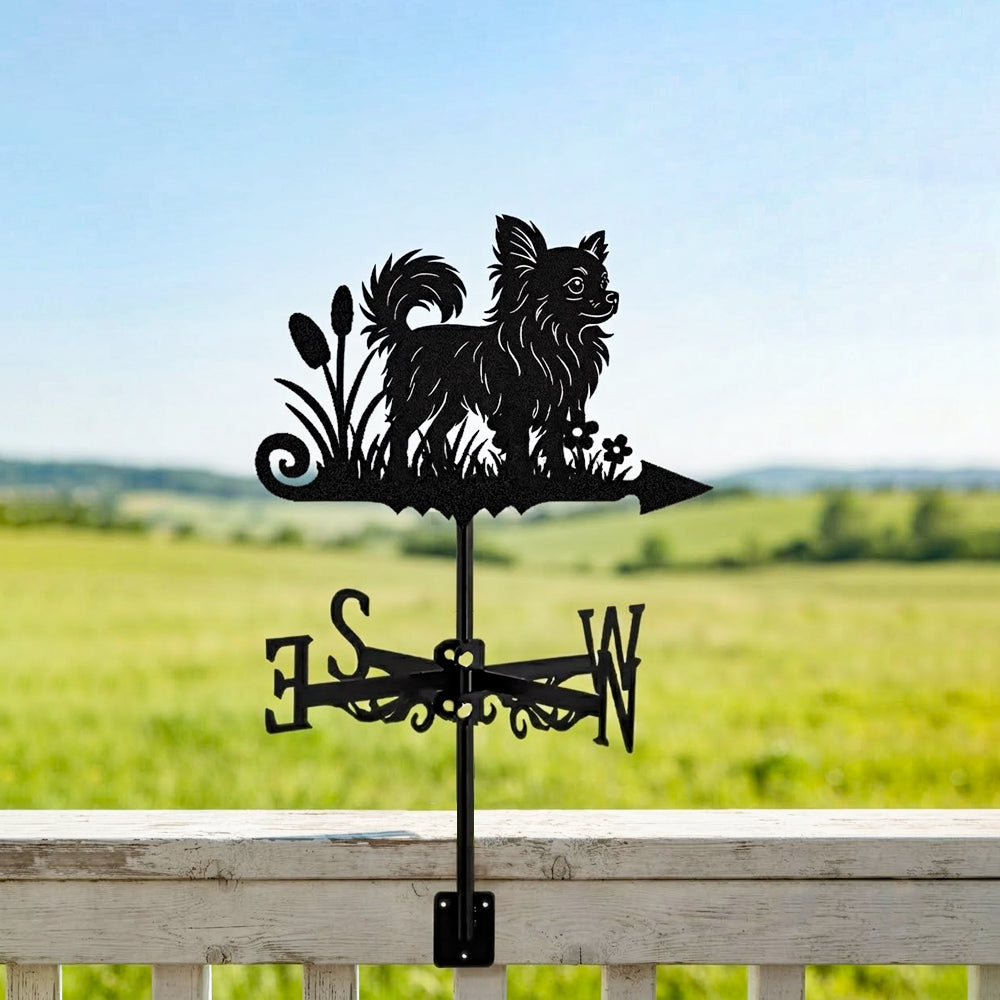 Long Haired Chihuahua metal weather vane with directional arrows and mounting rod, outdoor roof and garden decoration