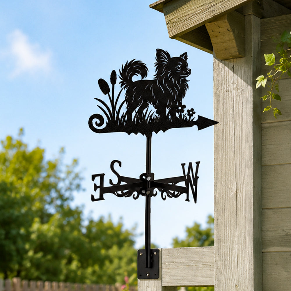 Long Haired Chihuahua metal weather vane with directional arrows and mounting rod, outdoor roof and garden decoration
