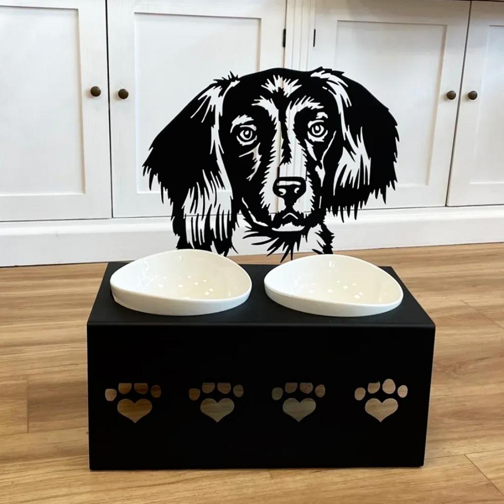 Personalized long haired dachshund metal dog bowl stand with custom name cutout and two removable feeding bowls