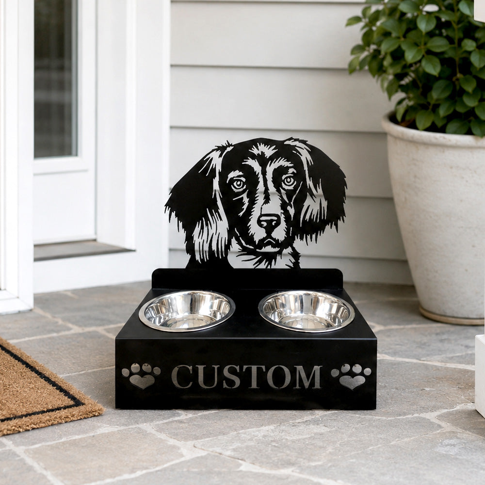 Personalized long haired dachshund metal dog bowl stand with custom name cutout and two removable feeding bowls