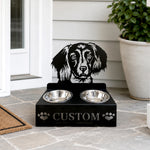 Personalized long haired dachshund metal dog bowl stand with custom name cutout and two removable feeding bowls