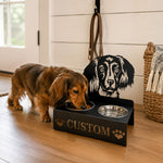 Personalized long haired dachshund metal dog bowl stand with custom name cutout and two removable feeding bowls
