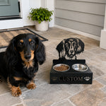 Personalized long haired dachshund metal dog bowl stand with custom name cutout and two removable feeding bowls