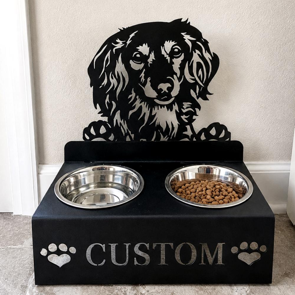 Personalized long haired dachshund metal dog bowl stand with custom name cutout and two removable feeding bowls