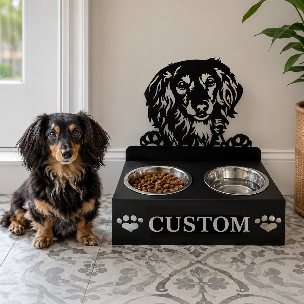 Personalized long haired dachshund metal dog bowl stand with custom name cutout and two removable feeding bowls