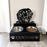 Personalized long haired dachshund metal dog bowl stand with custom name cutout and two removable feeding bowls