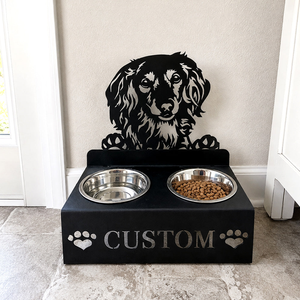 Personalized long haired dachshund metal dog bowl stand with custom name cutout and two removable feeding bowls