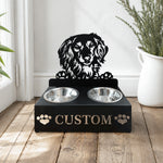 Personalized long haired dachshund metal dog bowl stand with custom name cutout and two removable feeding bowls