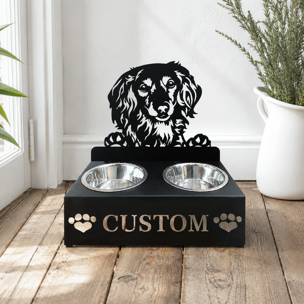 Personalized long haired dachshund metal dog bowl stand with custom name cutout and two removable feeding bowls