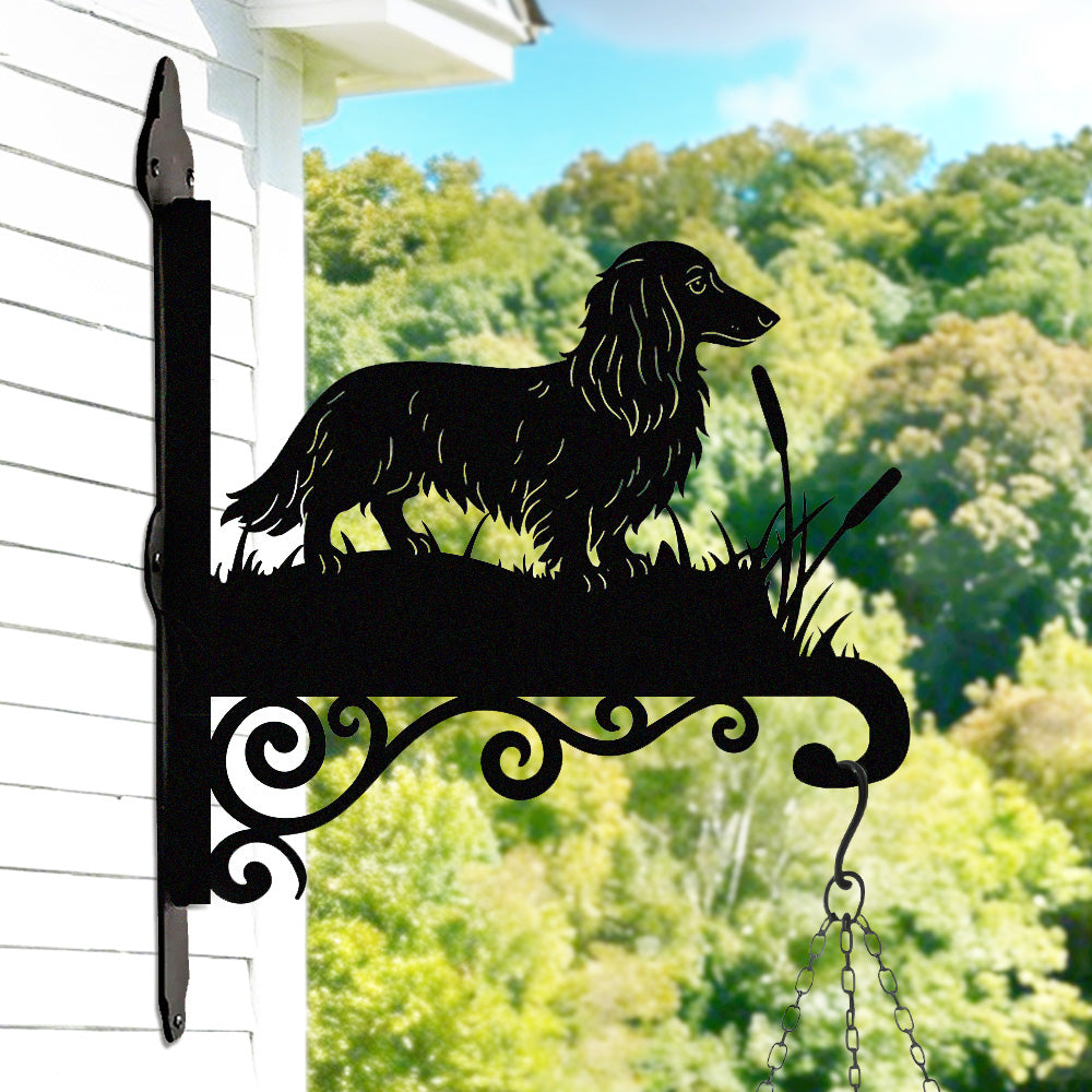 Long haired dachshund metal hanging basket bracket mounted on outdoor wall for plant decoration