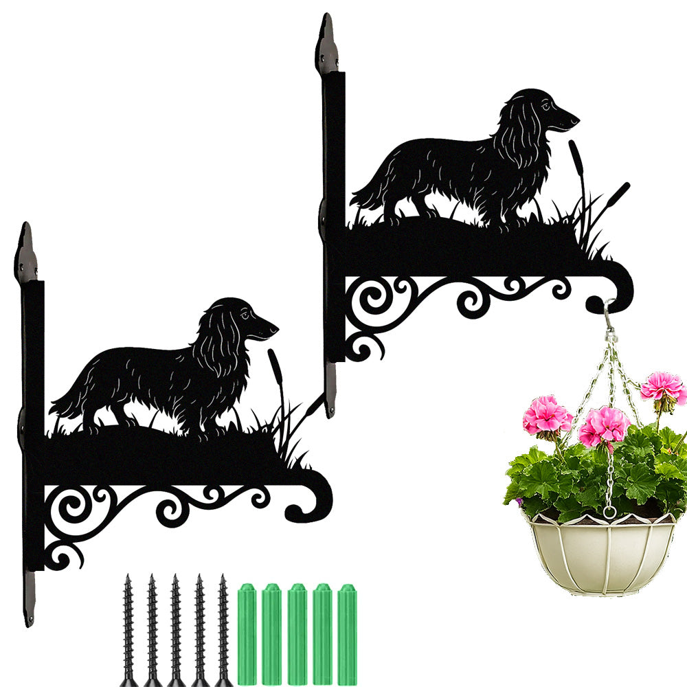 Long haired dachshund metal hanging basket bracket mounted on outdoor wall for plant decoration