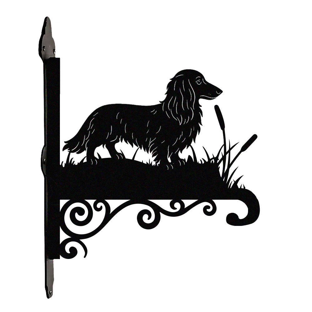 Long haired dachshund metal hanging basket bracket mounted on outdoor wall for plant decoration