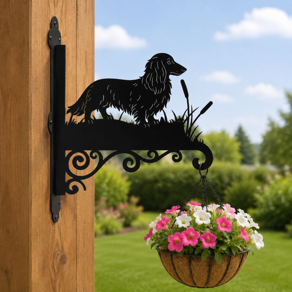 Long haired dachshund metal hanging basket bracket mounted on outdoor wall for plant decoration