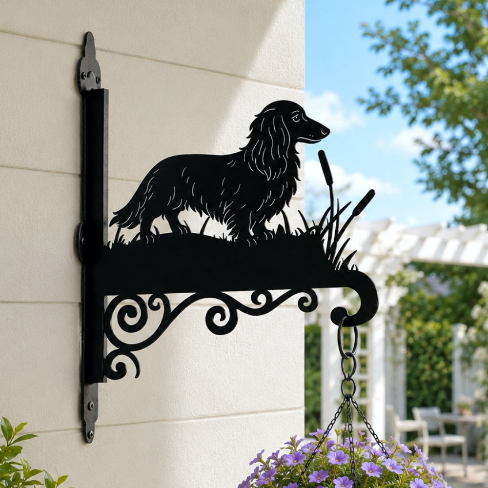 Long haired dachshund metal hanging basket bracket mounted on outdoor wall for plant decoration