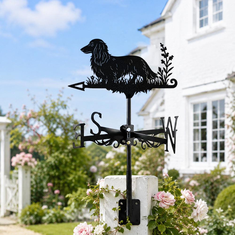 Long Haired Dachshund metal weather vane with directional arrows and mounting rod, outdoor roof and garden decoration
