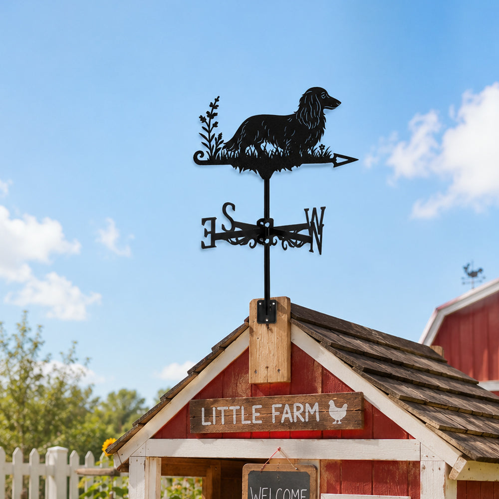 Long Haired Dachshund metal weather vane with directional arrows and mounting rod, outdoor roof and garden decoration